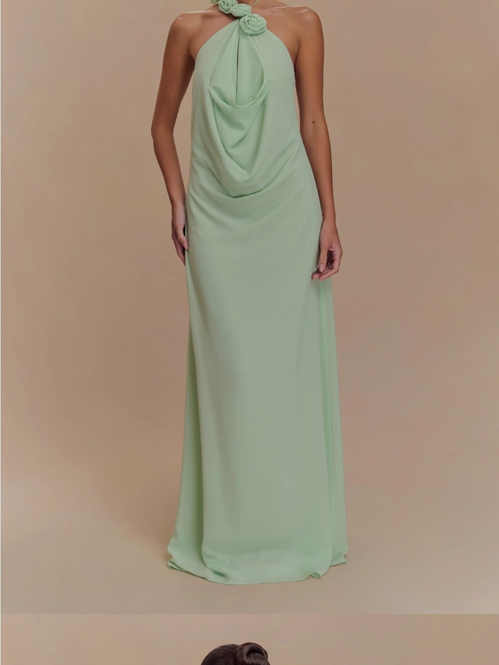 Meshki Mint Halter Maxi Dress with Floral Neck